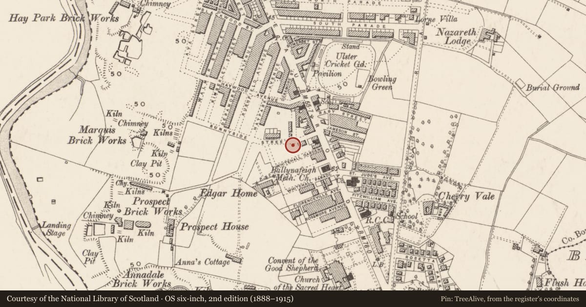 Ordnance Survey six-inch map, 2nd edition (1888–1915) covering the location of 32 Sunnyside St., Belfast, with a pin at the register's coordinates