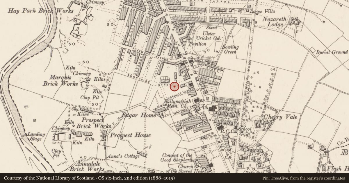 Ordnance Survey six-inch map, 2nd edition (1888–1915) covering the location of 38 Sunnyside St., Belfast, with a pin at the register's coordinates