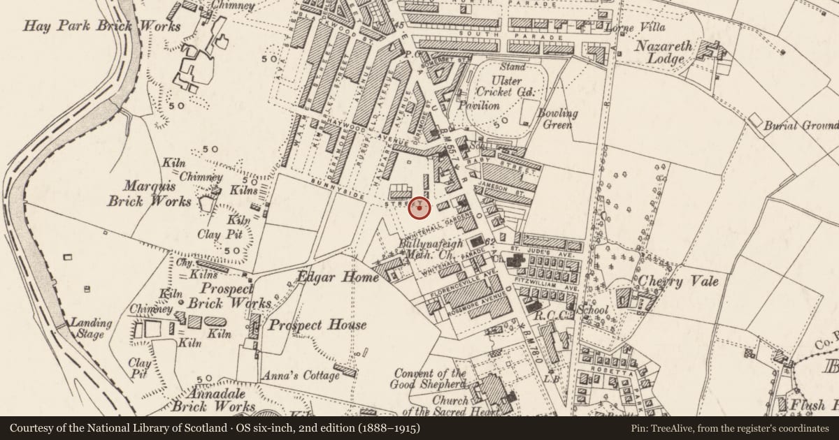 Ordnance Survey six-inch map, 2nd edition (1888–1915) covering the location of 42 Sunnyside St., Belfast, with a pin at the register's coordinates