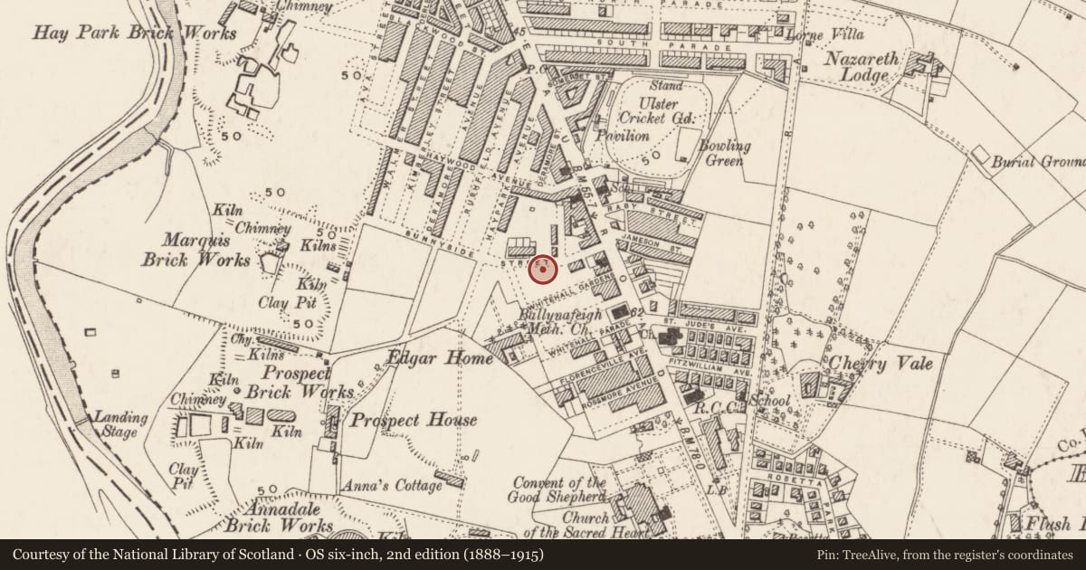 Ordnance Survey six-inch map, 2nd edition (1888–1915) covering the location of 44 Sunnyside St., Belfast, with a pin at the register's coordinates