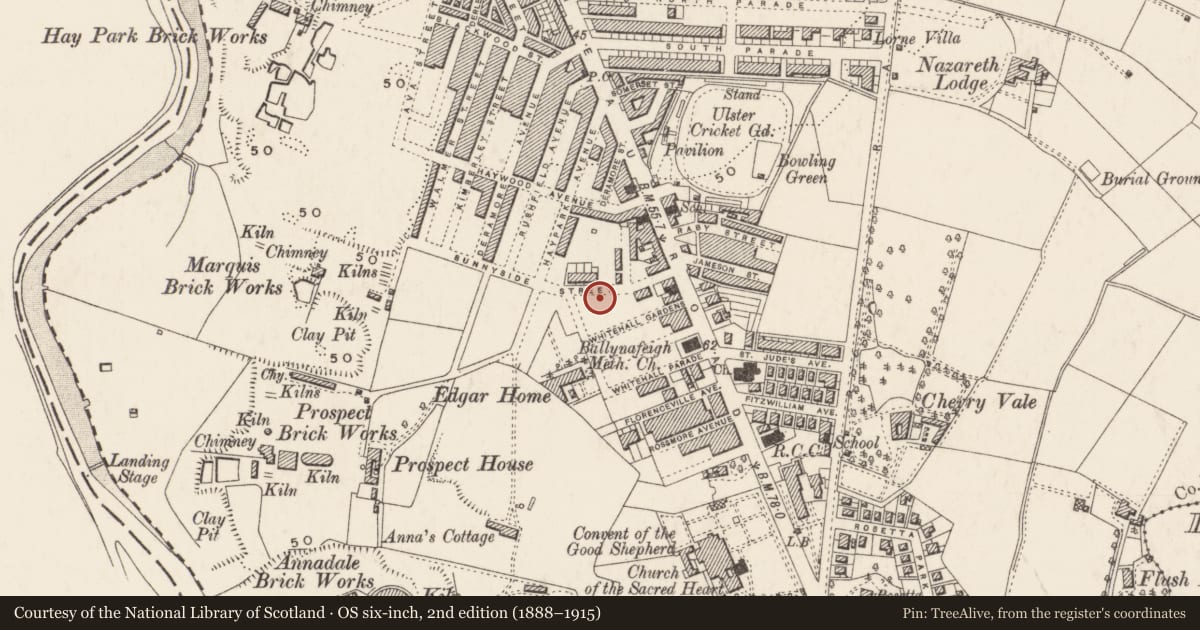 Ordnance Survey six-inch map, 2nd edition (1888–1915) covering the location of 48 Sunnyside St., Belfast, with a pin at the register's coordinates