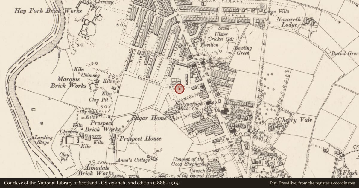 Ordnance Survey six-inch map, 2nd edition (1888–1915) covering the location of 52 Sunnyside St., Belfast, with a pin at the register's coordinates