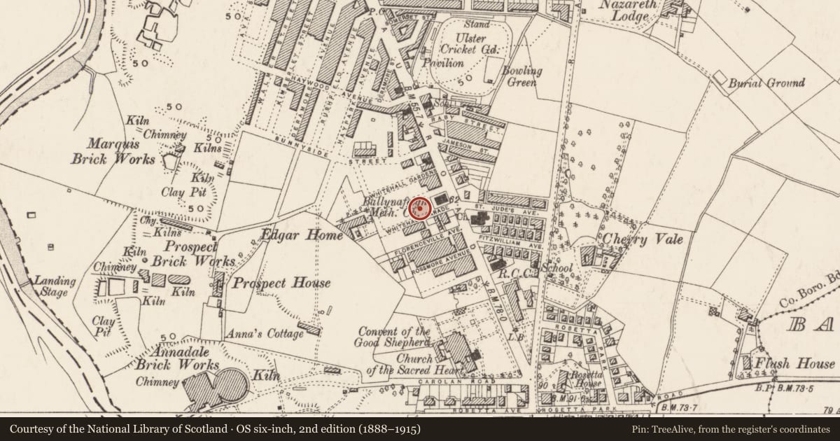 Ordnance Survey six-inch map, 2nd edition (1888–1915) covering the location of Ballynafeigh National School Florenceville Drive, Ballynafoy, Belfast, with a pin at the register's coordinates