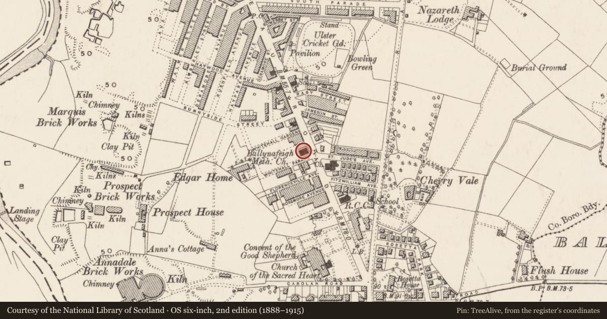 Ordnance Survey six-inch map, 2nd edition (1888–1915) covering the location of Ballynafeigh Methodist Church, Ballynafoy, Belfast, with a pin at the register's coordinates