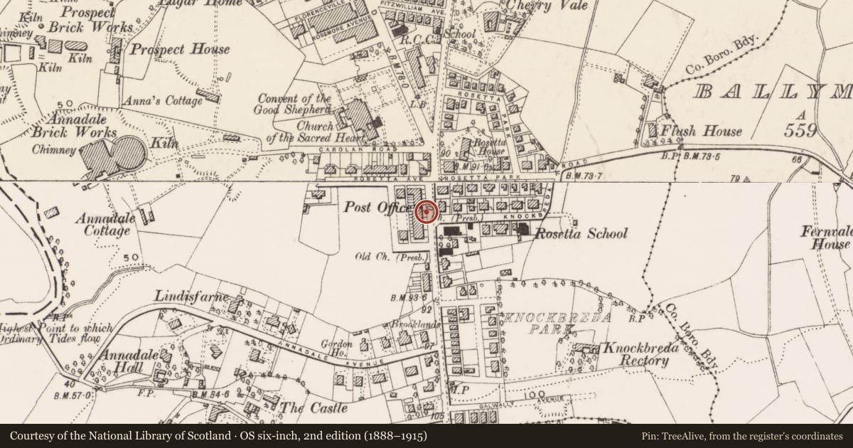Ordnance Survey six-inch map, 2nd edition (1888–1915) covering the location of 547 Ormeau Road, Ballynafoy, Belfast, with a pin at the register's coordinates