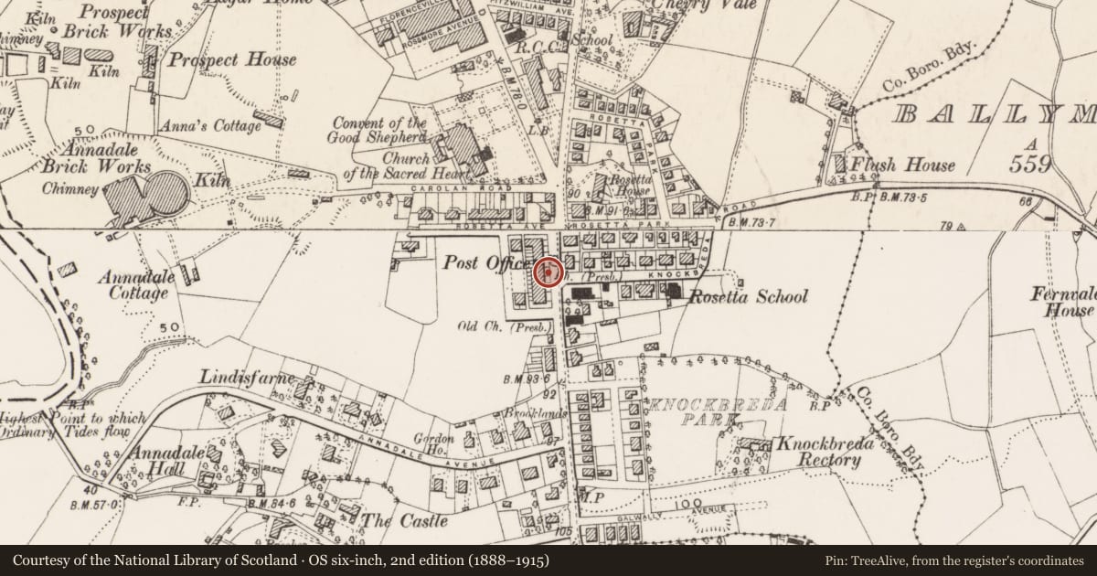 Ordnance Survey six-inch map, 2nd edition (1888–1915) covering the location of 549 Ormeau Road, Ballynafoy, Belfast, with a pin at the register's coordinates