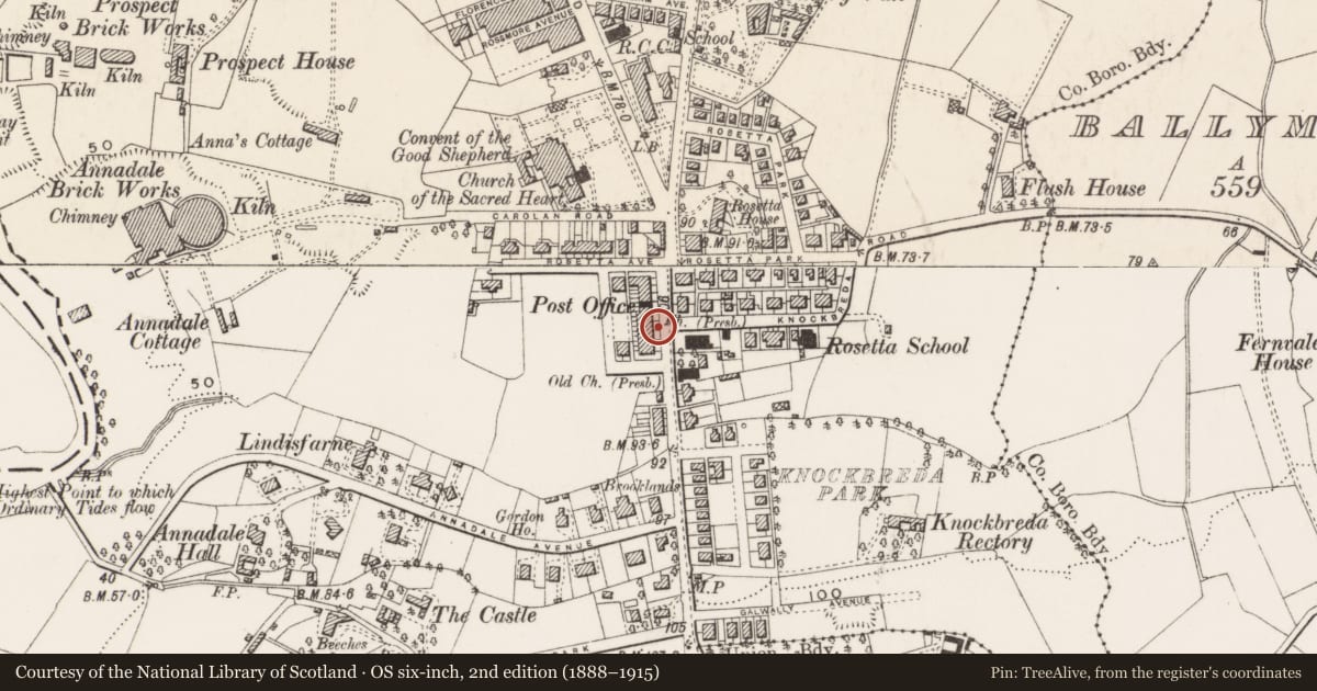 Ordnance Survey six-inch map, 2nd edition (1888–1915) covering the location of 553 Ormeau Road, Belfast, with a pin at the register's coordinates