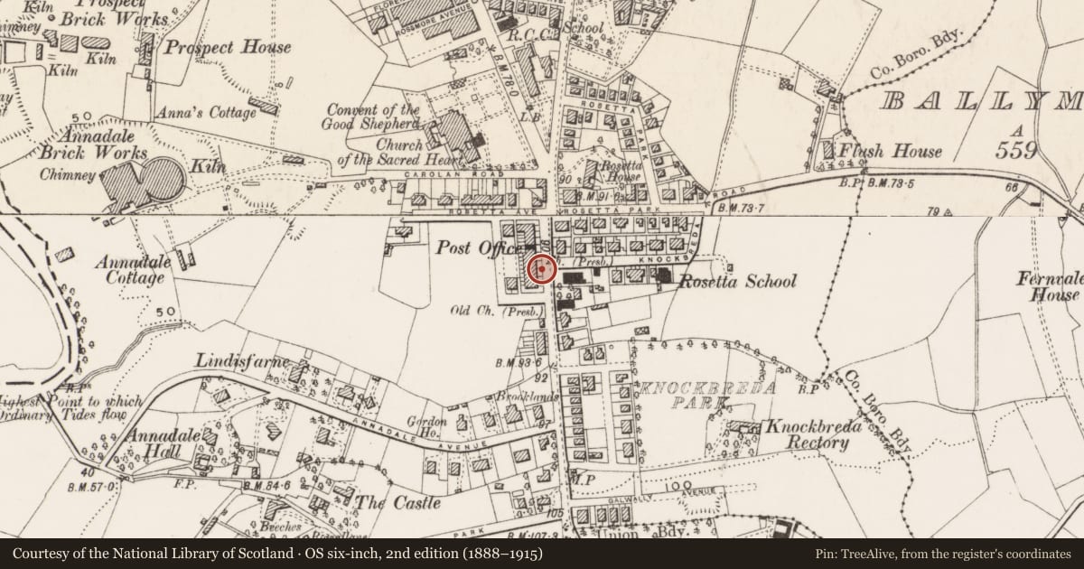 Ordnance Survey six-inch map, 2nd edition (1888–1915) covering the location of 555 Ormeau Road, Belfast, with a pin at the register's coordinates