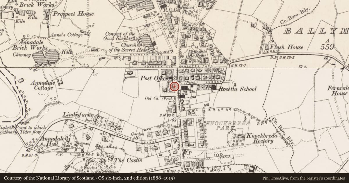 Ordnance Survey six-inch map, 2nd edition (1888–1915) covering the location of 557 Ormeau Road, Belfast, with a pin at the register's coordinates