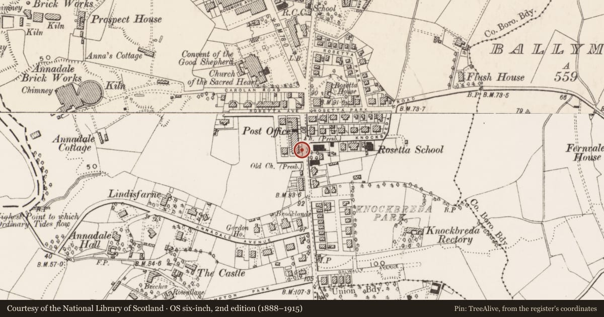 Ordnance Survey six-inch map, 2nd edition (1888–1915) covering the location of 561 Ormeau Road, Belfast, with a pin at the register's coordinates