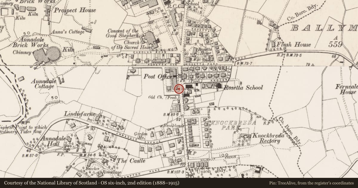 Ordnance Survey six-inch map, 2nd edition (1888–1915) covering the location of 563 Ormeau Road, Belfast, with a pin at the register's coordinates