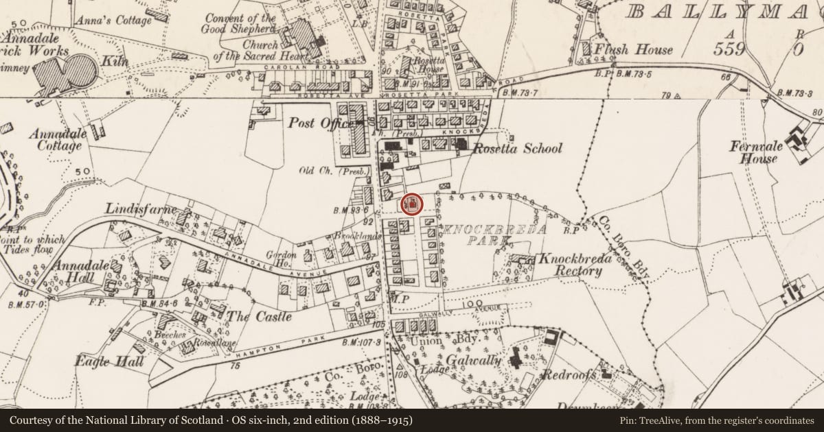 Ordnance Survey six-inch map, 2nd edition (1888–1915) covering the location of 4 Knockbreda Park, Belfast, with a pin at the register's coordinates
