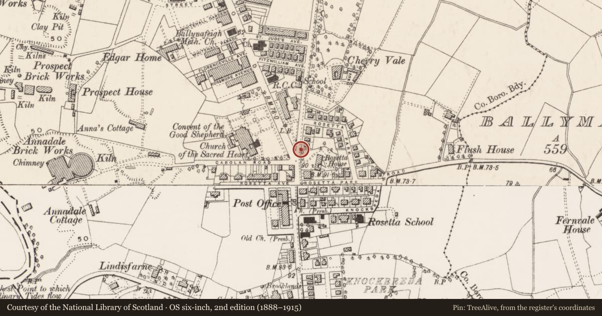 Ordnance Survey six-inch map, 2nd edition (1888–1915) covering the location of Street Sign beside 354 Ormeau Road, Belfast, Ballynafoy, Belfast, with a pin at the register's coordinates