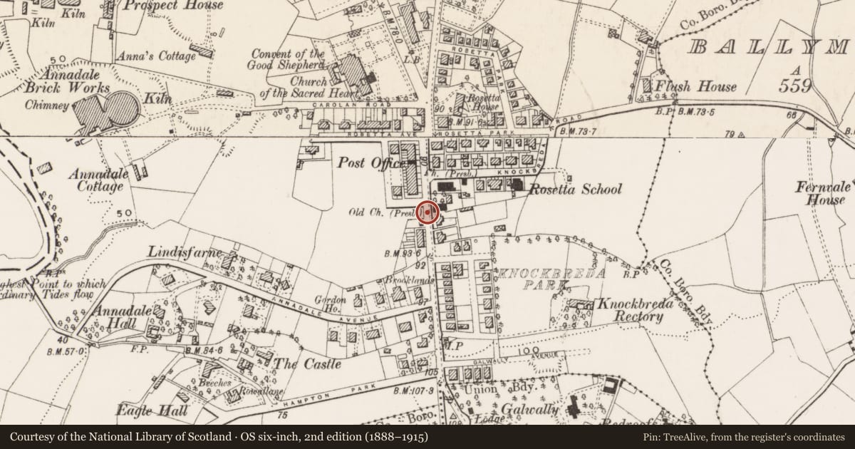 Ordnance Survey six-inch map, 2nd edition (1888–1915) covering the location of Post Box, Ballynafoy, Belfast, with a pin at the register's coordinates