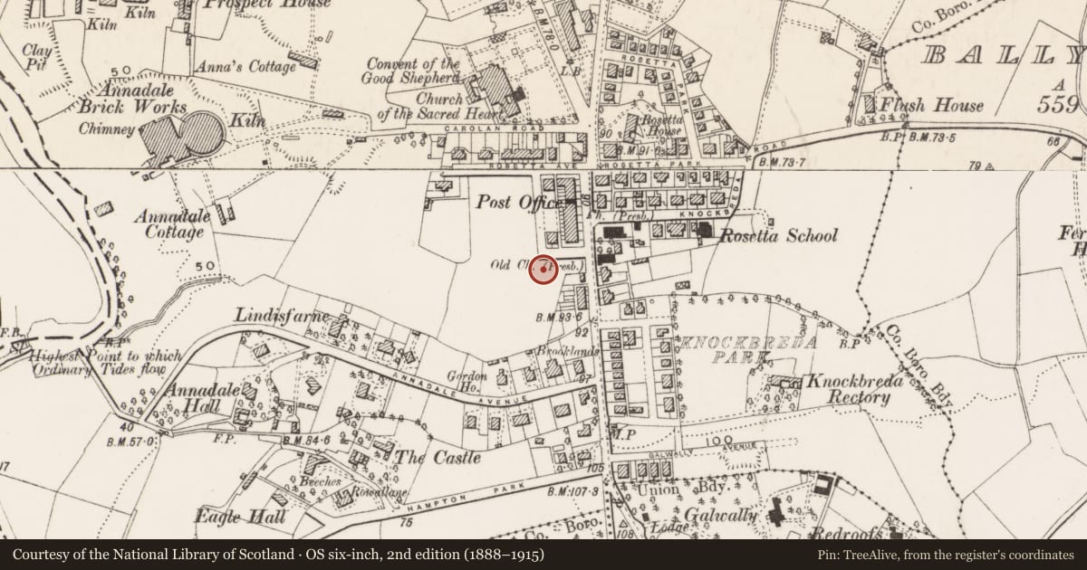Ordnance Survey six-inch map, 2nd edition (1888–1915) covering the location of 40 St. Johns Park, Ballynafoy, Belfast, with a pin at the register's coordinates