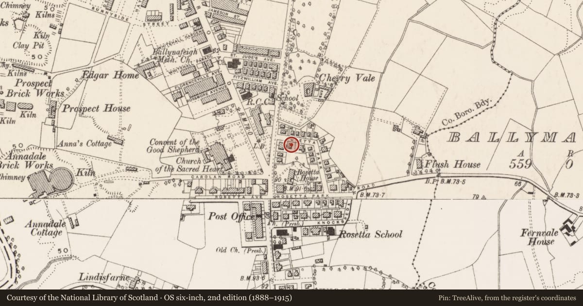 Ordnance Survey six-inch map, 2nd edition (1888–1915) covering the location of 1 Rosetta Park, Ballynafoy, Belfast, with a pin at the register's coordinates