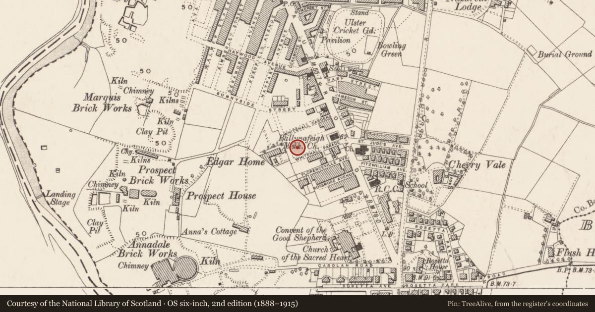Ordnance Survey six-inch map, 2nd edition (1888–1915) covering the location of 28 Florenceville Drive, Belfast, with a pin at the register's coordinates