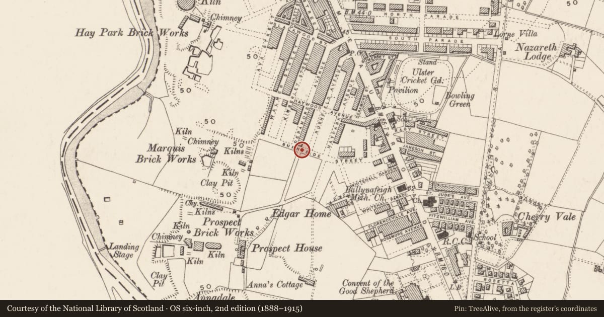 Ordnance Survey six-inch map, 2nd edition (1888–1915) covering the location of Post Box, Ballynafoy, Belfast, with a pin at the register's coordinates