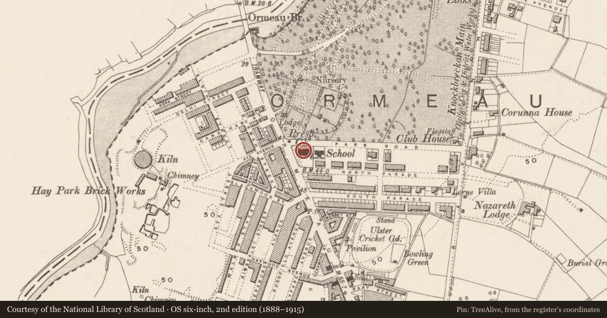 Ordnance Survey six-inch map, 2nd edition (1888–1915) covering the location of Cooke Centenary Presbyterian Church, Ballynafoy, Belfast, with a pin at the register's coordinates