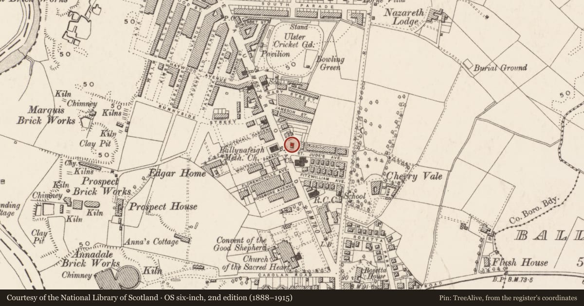 Ordnance Survey six-inch map, 2nd edition (1888–1915) covering the location of 2 St. Judes Avenue, Ballynafeigh, Belfast, with a pin at the register's coordinates