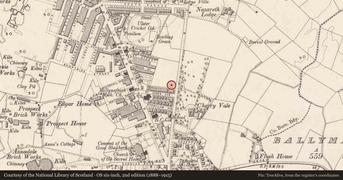 Ordnance Survey six-inch map, 2nd edition (1888–1915) covering the location of St. Judes Parish Church of Ireland Hall, Ballynafoy, Belfast, with a pin at the register's coordinates
