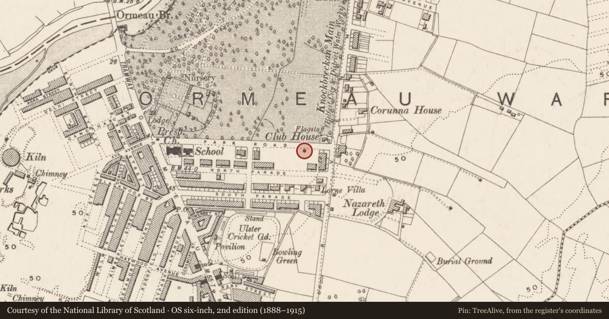 Ordnance Survey six-inch map, 2nd edition (1888–1915) covering the location of 53 Park Road, Ballynafoy, Belfast, with a pin at the register's coordinates