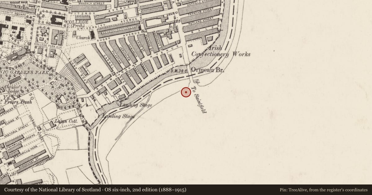 Ordnance Survey six-inch map, 2nd edition (1888–1915) covering the location of Ormeau Road Library, Ballynafoy, Belfast, with a pin at the register's coordinates