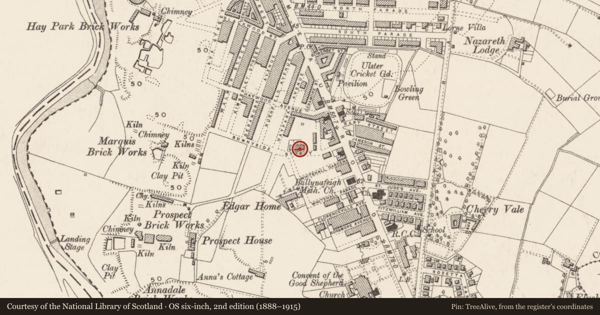 Ordnance Survey six-inch map, 2nd edition (1888–1915) covering the location of 43 Sunnyside Street, Ballynafoy, Belfast, with a pin at the register's coordinates