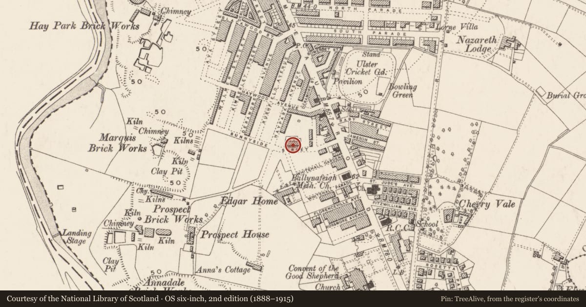Ordnance Survey six-inch map, 2nd edition (1888–1915) covering the location of 47 Sunnyside Street, Ballynafoy, Belfast, with a pin at the register's coordinates