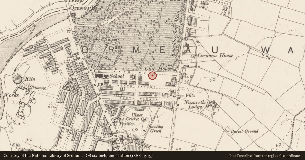Ordnance Survey six-inch map, 2nd edition (1888–1915) covering the location of 37 Park Road, Ballynafoy, Belfast, with a pin at the register's coordinates
