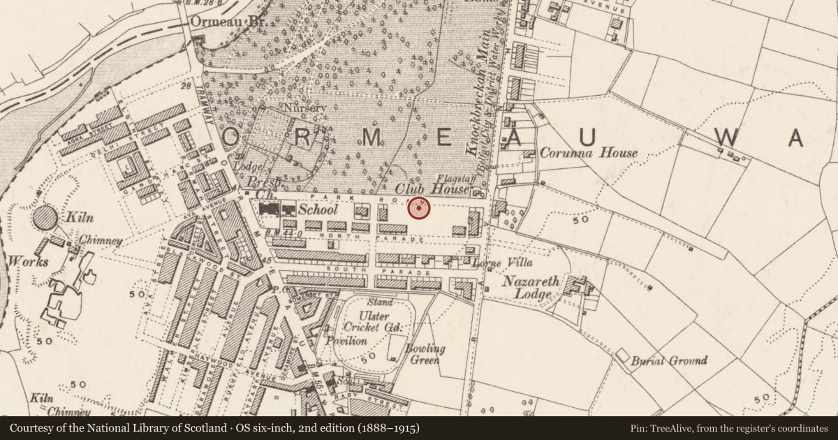 Ordnance Survey six-inch map, 2nd edition (1888–1915) covering the location of 39 Park Road, Ballynafoy, Belfast, with a pin at the register's coordinates