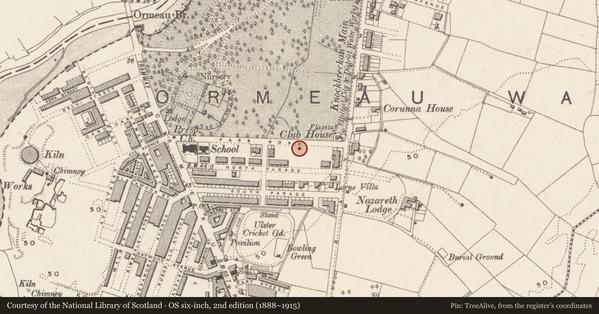 Ordnance Survey six-inch map, 2nd edition (1888–1915) covering the location of 41 Park Road, Ballynafoy, Belfast, with a pin at the register's coordinates