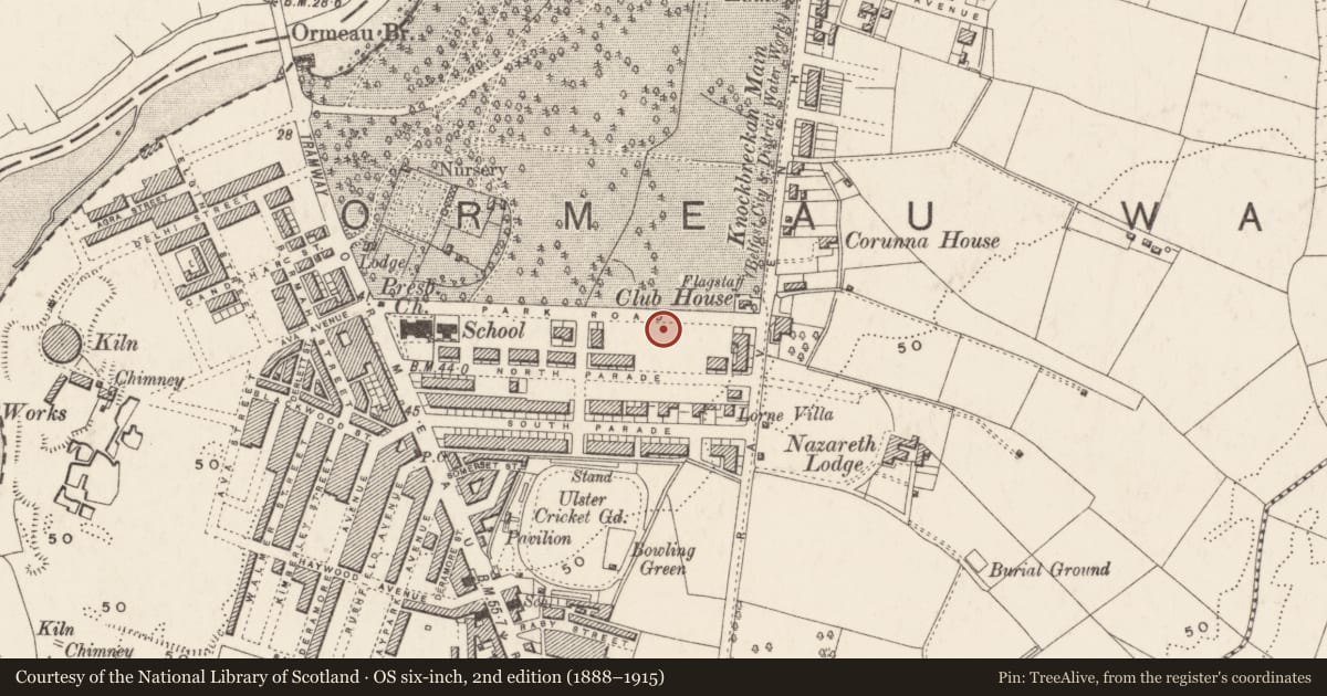 Ordnance Survey six-inch map, 2nd edition (1888–1915) covering the location of 43 Park Road, Ballynafoy, Belfast, with a pin at the register's coordinates