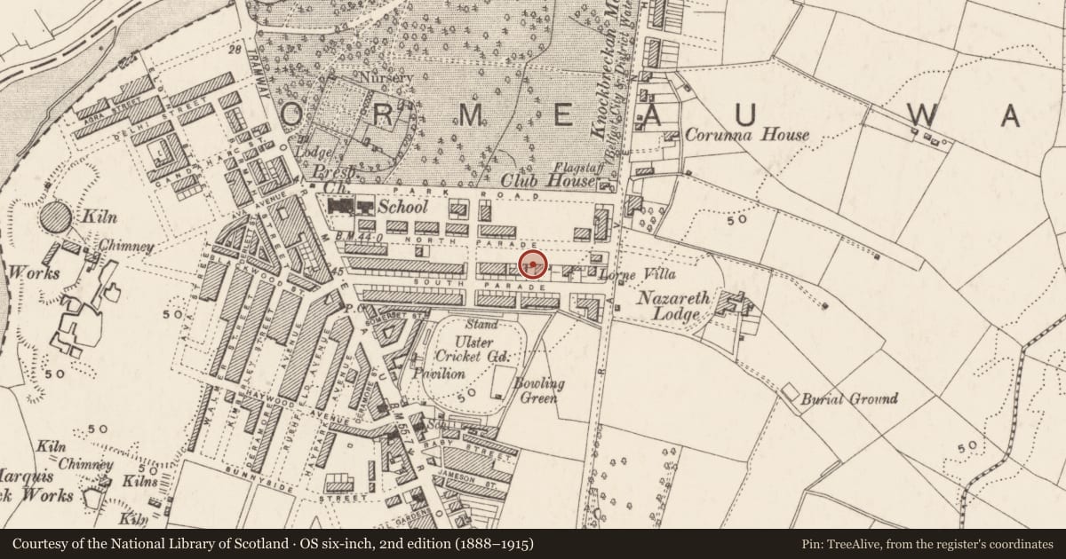 Ordnance Survey six-inch map, 2nd edition (1888–1915) covering the location of 76 South Parade, Ballynafoy, Belfast, with a pin at the register's coordinates