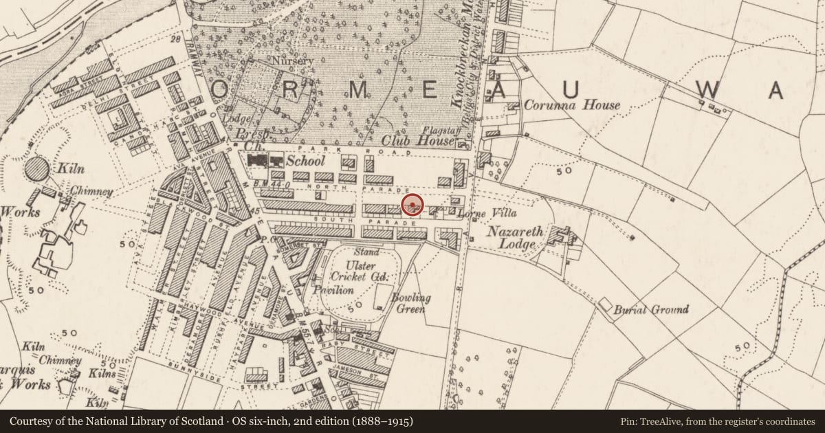 Ordnance Survey six-inch map, 2nd edition (1888–1915) covering the location of 78 South Parade, Ballynafoy, Belfast, with a pin at the register's coordinates