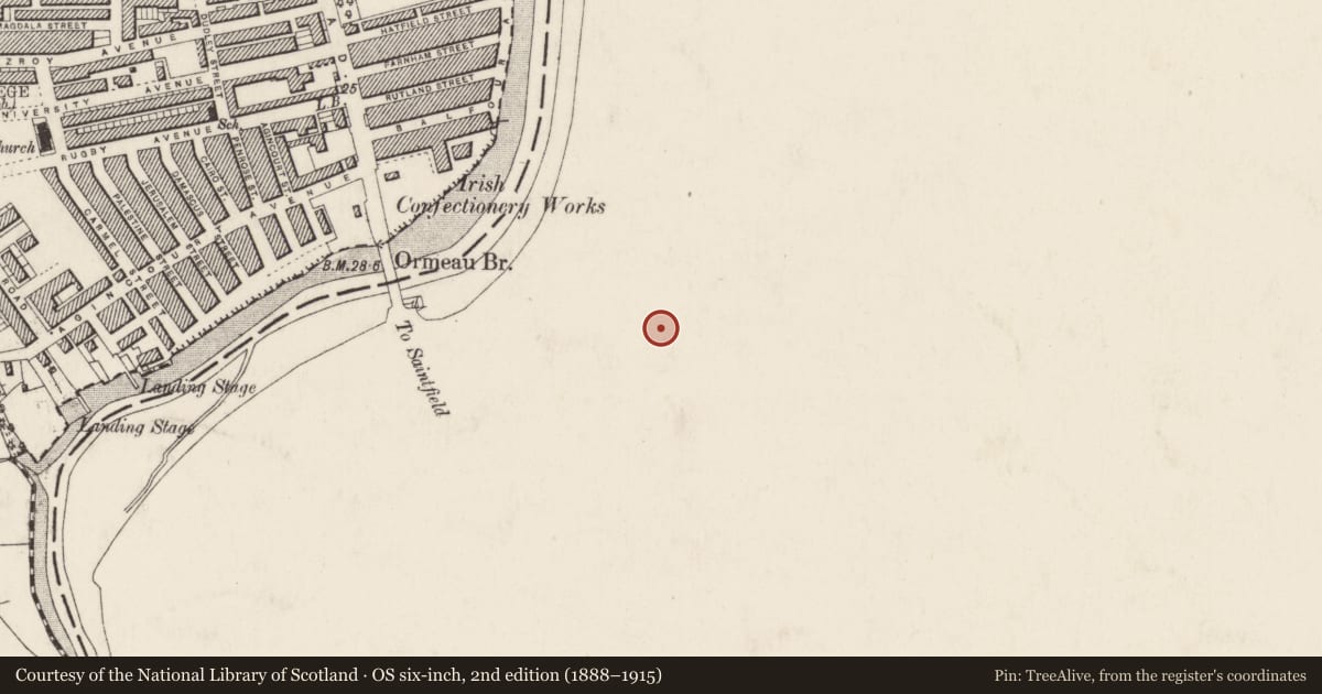 Ordnance Survey six-inch map, 2nd edition (1888–1915) covering the location of Band Stand, Ballynafoy, Belfast, with a pin at the register's coordinates