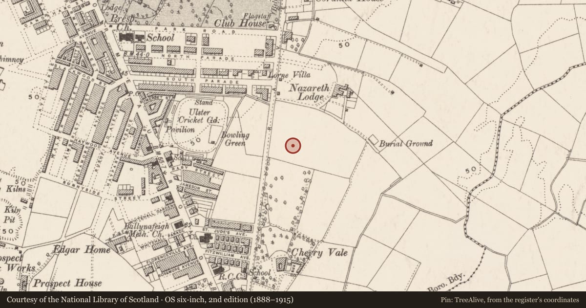 Ordnance Survey six-inch map, 2nd edition (1888–1915) covering the location of St Joseph's (Maintained) College, Ballynafoy, Belfast, with a pin at the register's coordinates