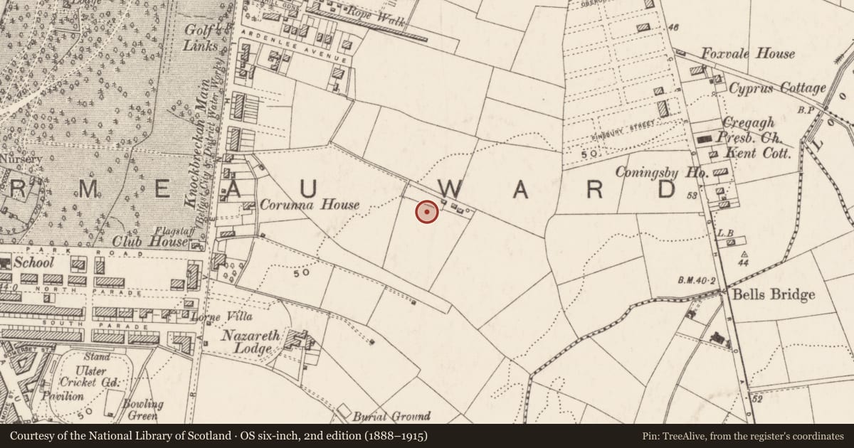 Ordnance Survey six-inch map, 2nd edition (1888–1915) covering the location of Downey House School, Ballynafoy, Belfast, with a pin at the register's coordinates