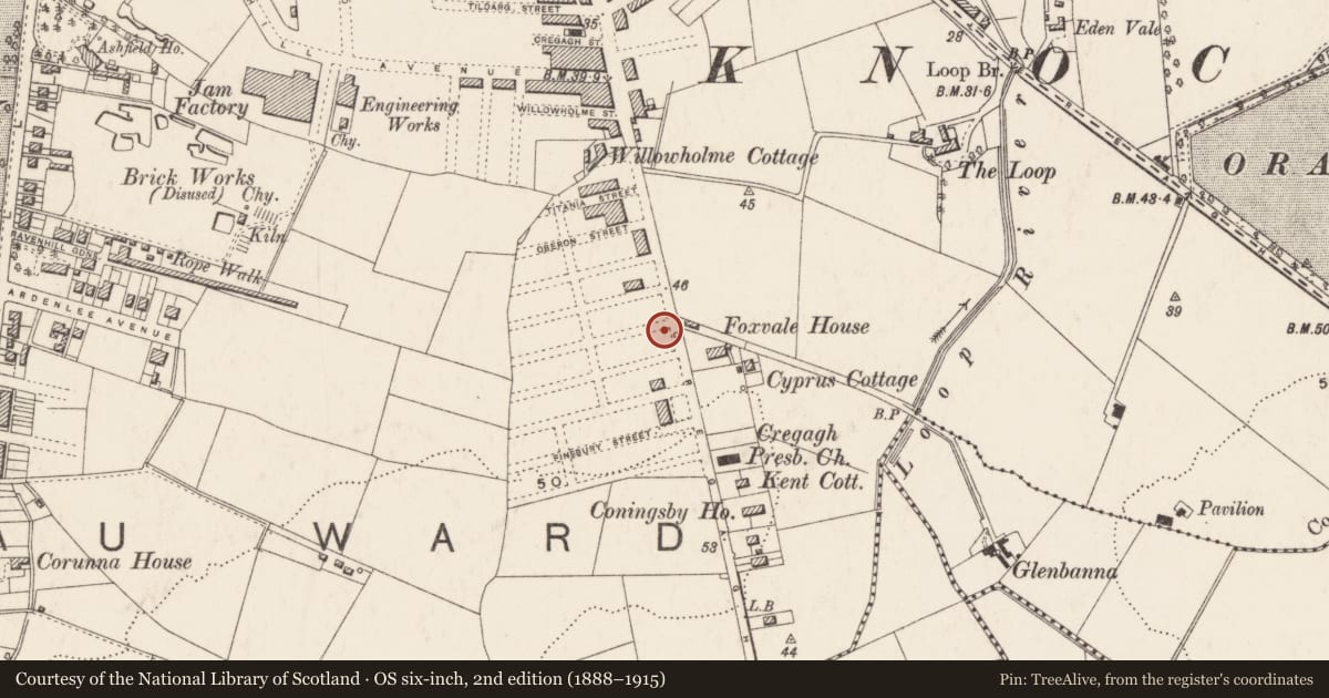 Ordnance Survey six-inch map, 2nd edition (1888–1915) covering the location of Willowfield Parish Hall, Ballymaconaghy, Belfast, with a pin at the register's coordinates