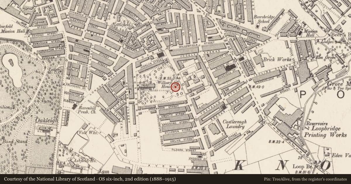 Ordnance Survey six-inch map, 2nd edition (1888–1915) covering the location of St. Anthony's Roman Catholic Church, Ballymacarret, Belfast, with a pin at the register's coordinates
