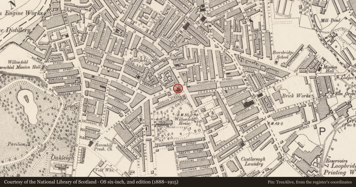 Ordnance Survey six-inch map, 2nd edition (1888–1915) covering the location of Willowfield Parish Church of Ireland, Ballymacarret, Belfast, with a pin at the register's coordinates