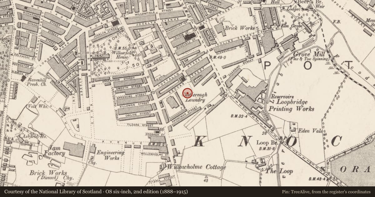 Ordnance Survey six-inch map, 2nd edition (1888–1915) covering the location of Euston Street Primary School, Euston Street, Belfast, Co Down BT6 9AG, Belfast, with a pin at the register's coordinates
