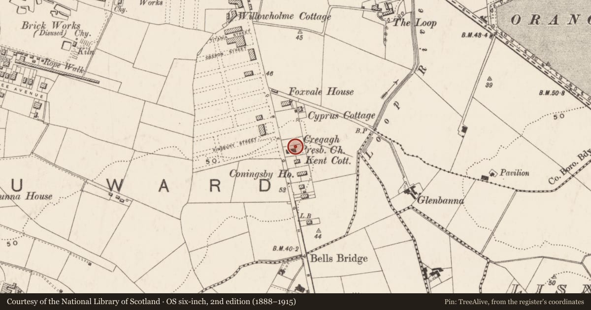Ordnance Survey six-inch map, 2nd edition (1888–1915) covering the location of Cregagh Presbyterian Church and Hall, Ballymaconaghy, Belfast, with a pin at the register's coordinates
