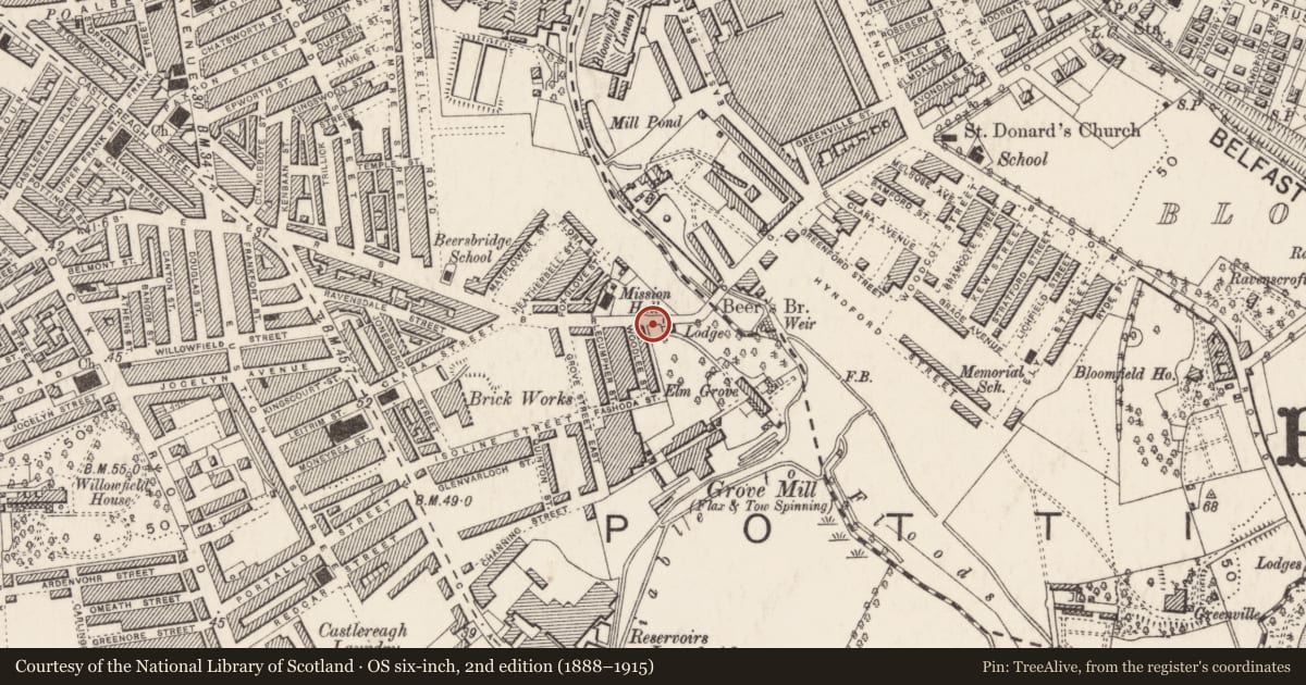 Ordnance Survey six-inch map, 2nd edition (1888–1915) covering the location of Caretakers House, Ballymacarret, Belfast, with a pin at the register's coordinates