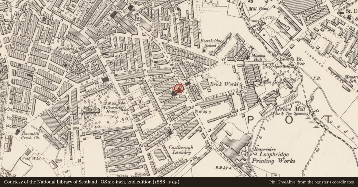 Ordnance Survey six-inch map, 2nd edition (1888–1915) covering the location of McQuiston Presbyterian Church, Ballymacarret, Belfast, with a pin at the register's coordinates