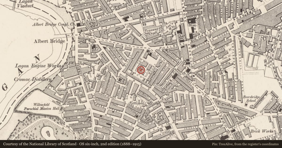 Ordnance Survey six-inch map, 2nd edition (1888–1915) covering the location of 34 The Mount, Ballymacarret, Belfast, with a pin at the register's coordinates