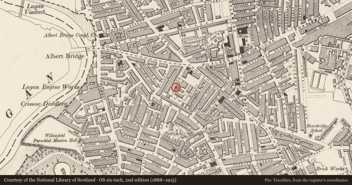 Ordnance Survey six-inch map, 2nd edition (1888–1915) covering the location of 26 The Mount, Belfast, with a pin at the register's coordinates
