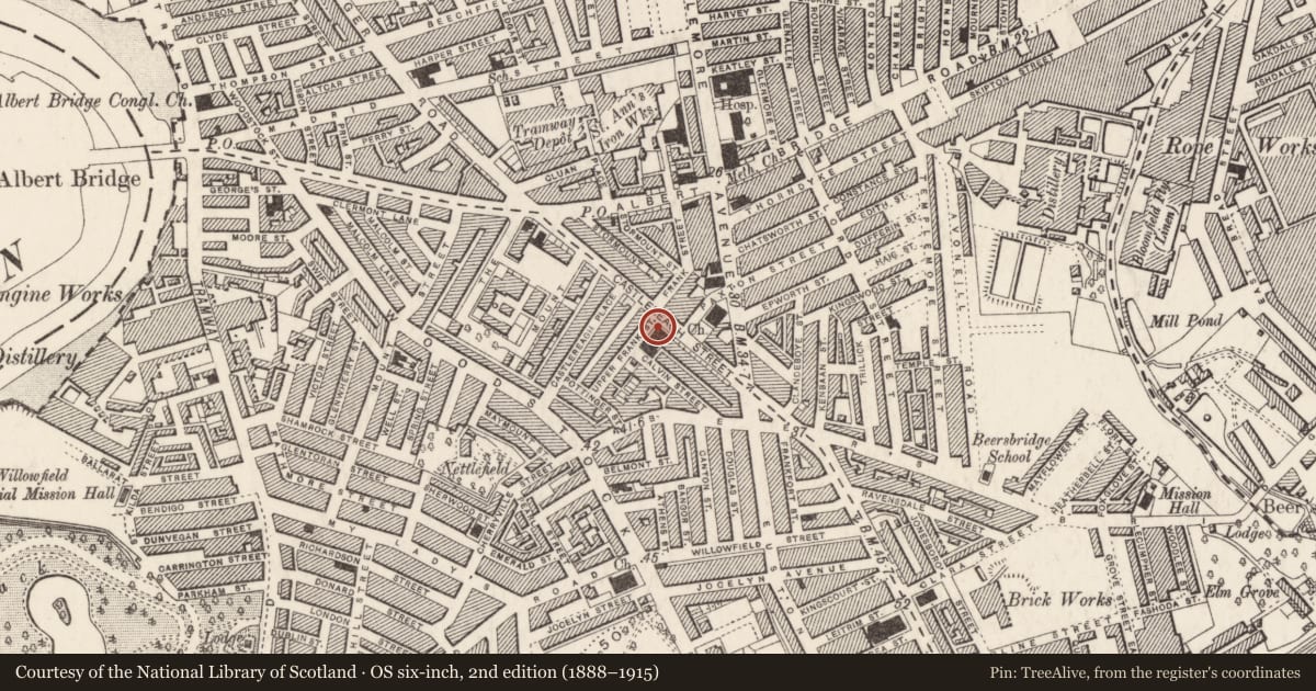 Ordnance Survey six-inch map, 2nd edition (1888–1915) covering the location of Mountpottinger Presbyterian Church, Ballymacarret, Belfast, with a pin at the register's coordinates