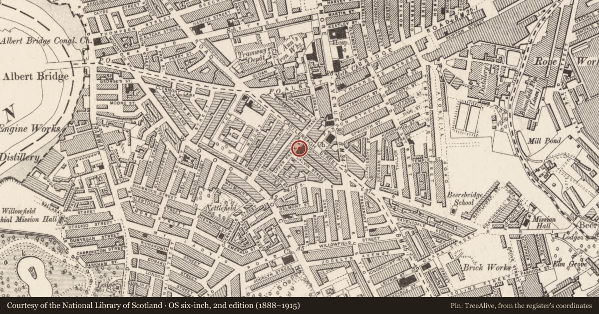 Ordnance Survey six-inch map, 2nd edition (1888–1915) covering the location of Mountpottinger Presbyterian Church Hall & Lecture Room, Castlereagh Street, Belfast, Co Antrim, Ballymacarret, Belfast, with a pin at the register's coordinates