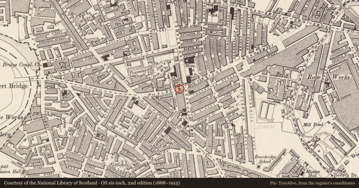 Ordnance Survey six-inch map, 2nd edition (1888–1915) covering the location of YMCA Building, Ballymacarret, Belfast, with a pin at the register's coordinates